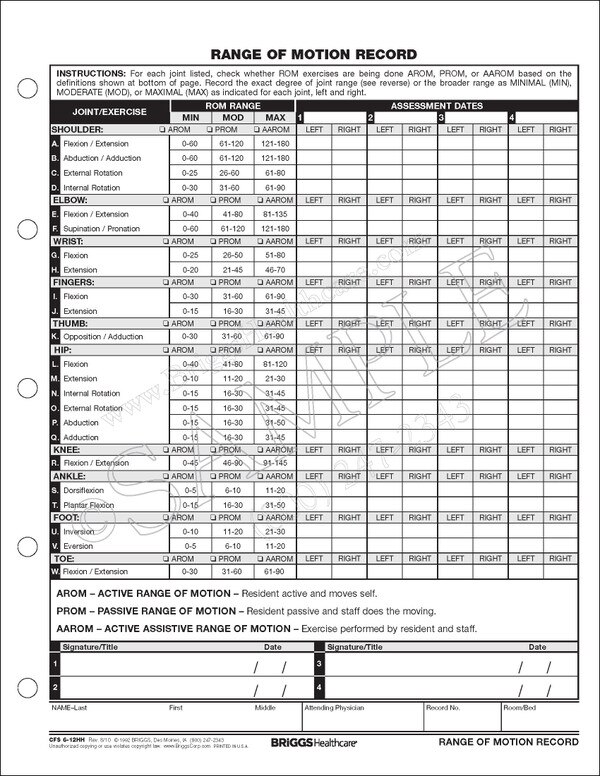 Range of Motion Record Side Punched CLOSEOUT ITEM